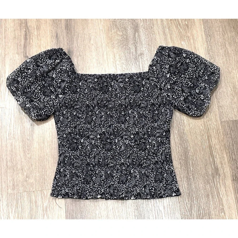 Anthropologie Smocked Top Black White Floral Mesh Puff Sleeve Boho Coquette L